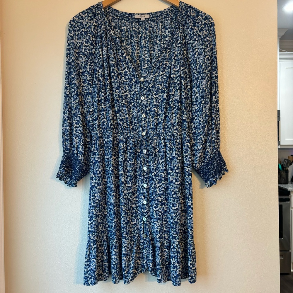 Rails Eliza Dress Mini Short Blue Cinched Waist Long Sleeve Medium Light Floral
